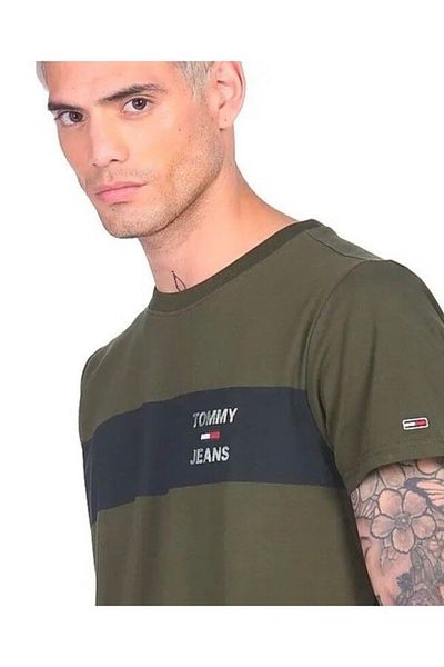 Tommy Jeans TOMMY HILFIGER men olive crew neck chest colour block t shirt