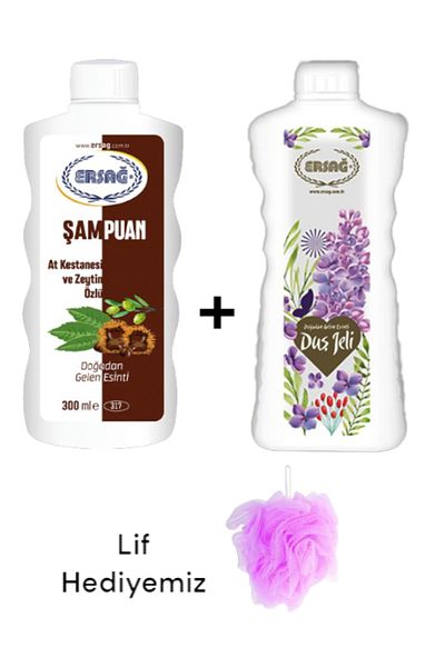 Ersağ Horse Chestnut and Olive Extract Shampoo 300ml - Lilac Scented Shower Gel 1000ml (with Fiber Gift) 317-39