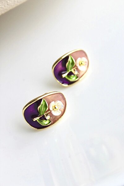 Leo'Stone Vintage Çok Renkli Elips Beyaz Çiçek Motifli 3d Tablo Tasarım Kadın Çelik Küpe