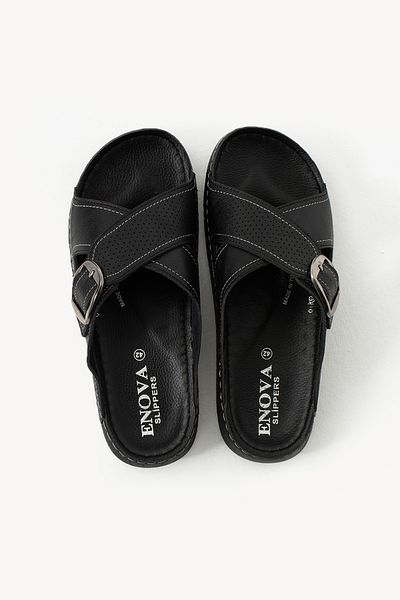 Enova Ανδρική δερμάτινη (τεχνητή) ορθοπεδική άνετη σόλα με ρυθμιζόμενη πόρπη ραμμένη κομψές ανδρικές παντόφλες εξωτερικά