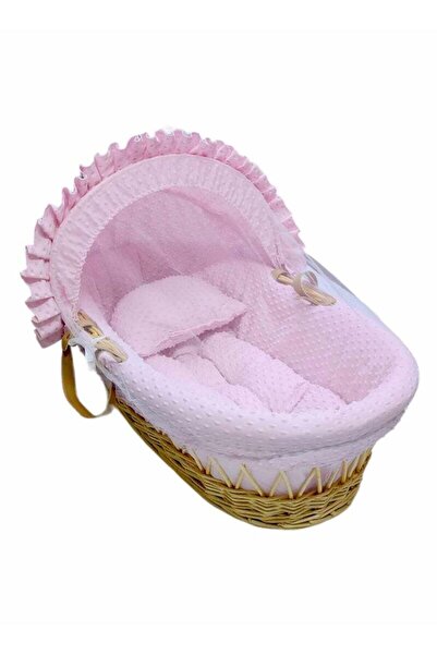 BabyCara سرير أطفال من الخيزران من سلة موسى مع وسادة ومقبض وناموسية باللون الوردي