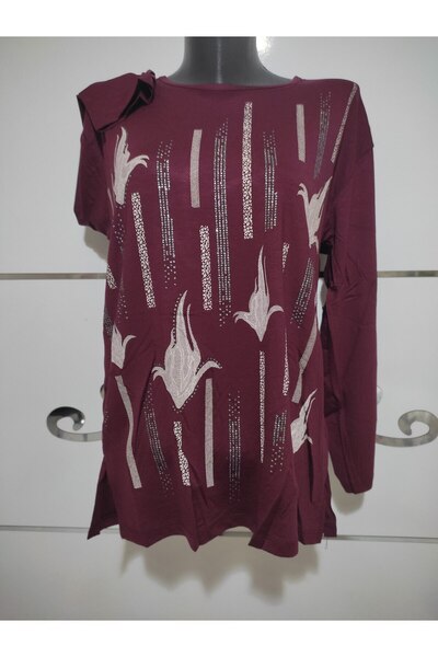 LÜKS MİRAYDA Yeni Sezon 2023 Taşlı Yuvarlak Yaka Uzun Kollu Anne Penye Bluz