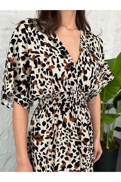 Elif Özbey Butik Rochie cu mânecă liliac și imprimeu leopard