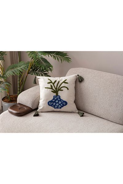dekomall home & living Husa de perna brodata cu ciucuri Vaza albastra 43x43 cm