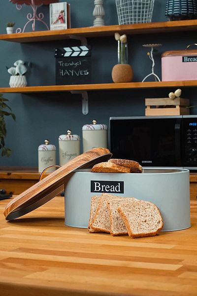 sizinsepetiniz Bamboo Look Cover Metal Bread Bowl