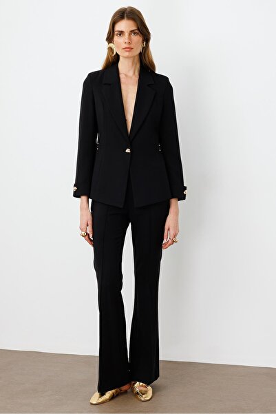 Moda İlgi Modailgi Kemeri Metal Aksesuarlı İspanyol Paça Pantolon - 7598 Siyah