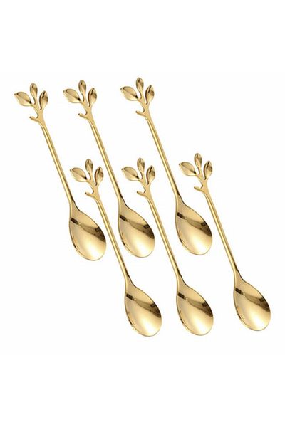 PUFO Set Of 6 Leaf Spoons For Coffee, Tea, Dessert, Steel, Leaf-shaped Handle, Gold, 13 Cm