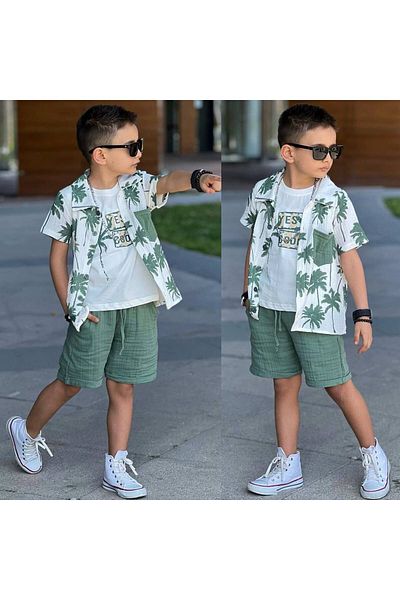 sinmm Boy's Palm Printed Muslin Fabric Shirt, Undershirt and Shorts 3-Piece Set Green Color