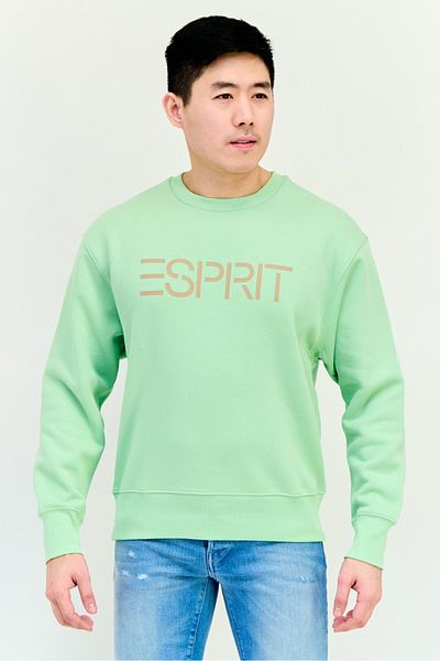 Esprit Men Ribbed Collar Long Sleeves Brand Logo Sweatshirts, Green