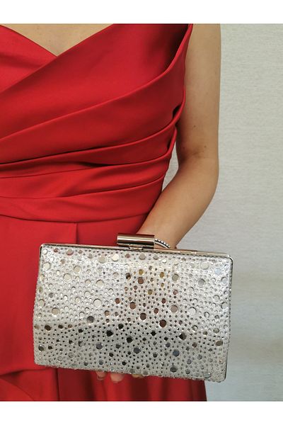 NAZART Women's Stoned Silver Evening Dress Clutch Chain Strap Hand Wedding Engagement Night Shoulder Bag