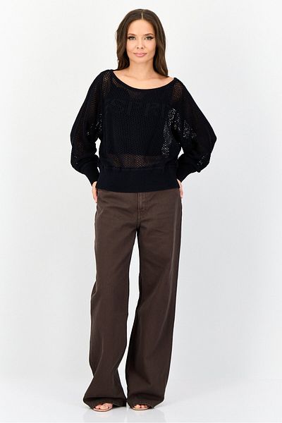 Esprit Women Boat Neck Long Sleeves Eyelet Sweater, Black
