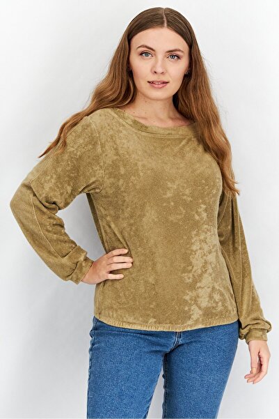 Generation Love Women Boat Neck Long Sleeve Textured Sweatshirt, Olive