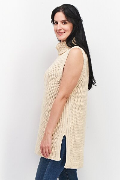 Stefanel Women Turtle Neck Crochet Sweater, Beige