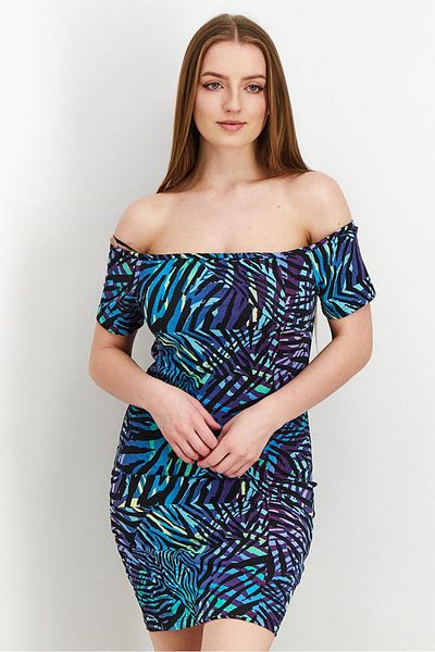 Puma Women Off Shoulder Allover Print Mini Dress, Blue Combo
