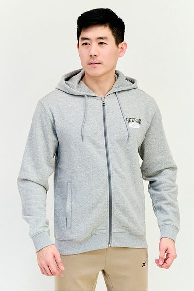 Reebok Men Sportswear Fit Embroidered Logo Long Sleeves Outdoor Hoodie, Grey