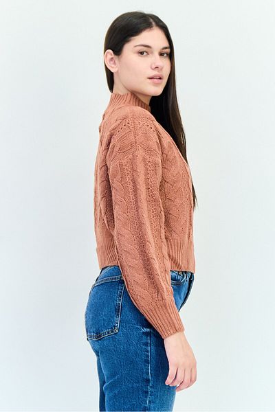 PİNK ROSE Women Choker Neck Knitted Crop Sweater, Fade Red