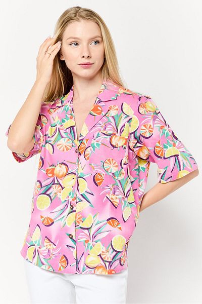 Scotch & Soda Women Noched Collar Short Sleeve Allover Print Shirt, Multicolor