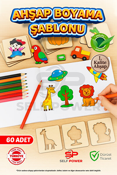 Self Power 60 Parça Ahşap Oyma& Boyama Şablonu Hayvan Ve Meyve Desenli Ahşap ...