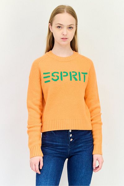 Esprit Women Ribbed Collar Brand Logo Sweater, Orange