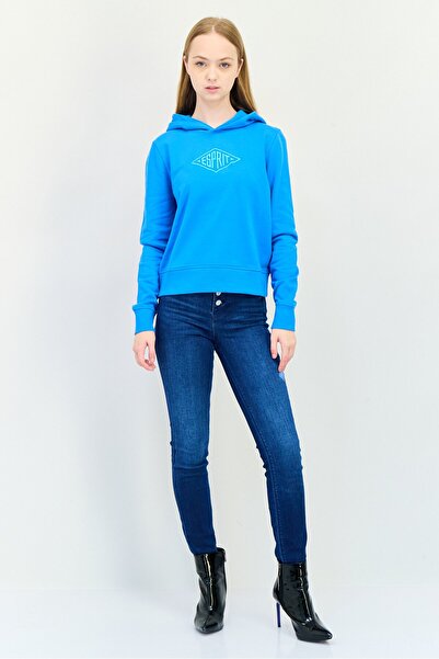 Esprit Women Long Sleeves Embroidered Logo Hooded Sweatshirts, Teal Blue