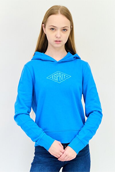 Esprit Women Long Sleeves Embroidered Logo Hooded Sweatshirts, Teal Blue