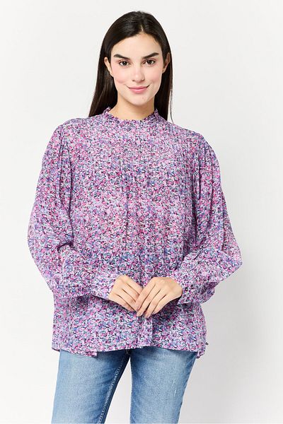 Scotch & Soda Women Ruffle Neck Long Sleeves Allover Print Blouse, Multicolor