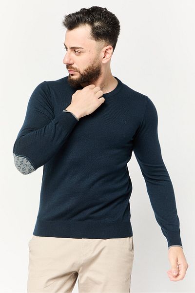 Harmont & Blaine Jeans Men Crew Neck Embroidered Logo Sweater, Navy Blue