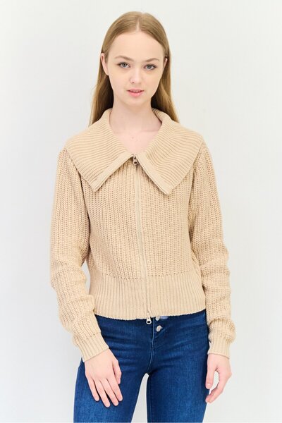 No Comment Women Turtle Neck Knitted Cardigan, Beige