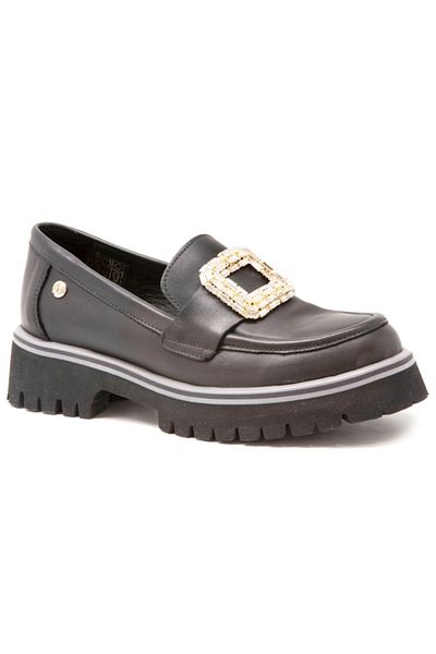 Mammamia D25Ya-3855 Black Skin Leather Stone Buckle Casual Loafer Shoes