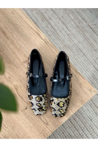 volarescarpe Women's Daily Shiny Sequin Leopard Patterned Gold Mary Jane Ballerina Wild