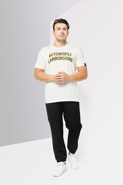 Lamborghini Men Crew Neck Short Sleeves Embroidered Logo T-shirt, Off White
