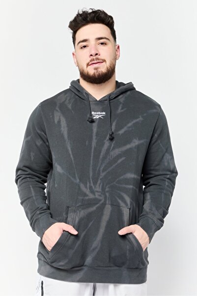 Reebok هودي رجالي رياضي بأكمام طويلة مطرز بشعار خارجي، أسود