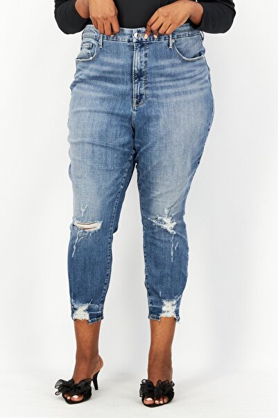 Good American Women Regular Fit Ripped Stretceble Denim Jeans, Blue
