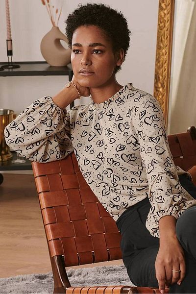 Tchibo Women Ruffle Neck Long Sleeve All Over Print Top, Tan