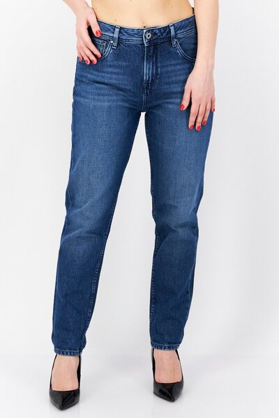 Pepe Jeans بنطلون جينز نسائي غير قابل للتمدد ومغسول بقصّة Mom Fit باللون الأزرق