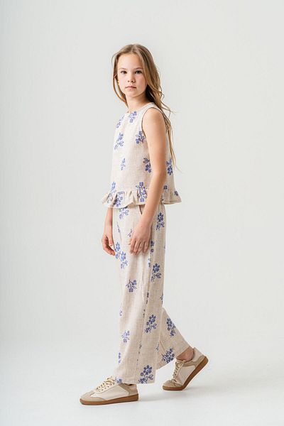 Magu Girl's Ecru Floral Patterned Poplin Linen Blouse and Pants Set