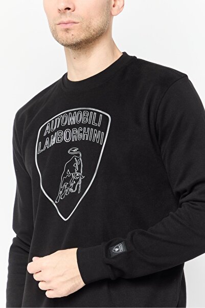 Lamborghini Men Crew Neck Brand Logo Long Sleeves Sweatshirt, Black