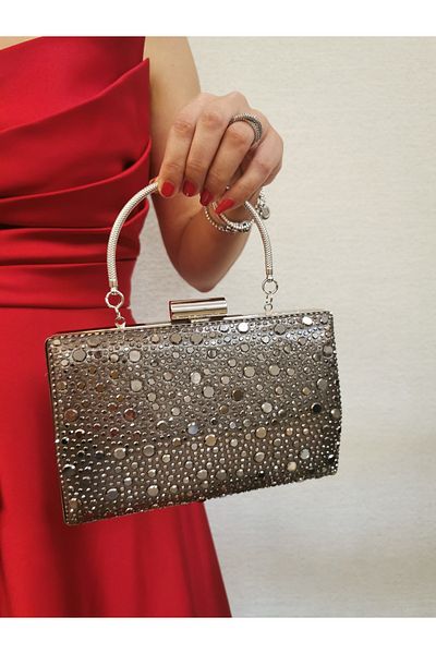 NAZART Women's Stoned Platinum Evening Dress Clutch Chain Strap Hand Wedding Engagement Night Shoulder Bag