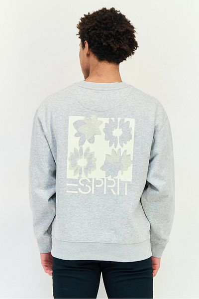 Esprit Men Ribbed Collar Embroidered Logo Long Sleeves Sweatshirt, Grey
