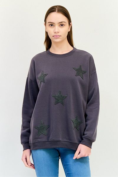 No Comment Women Crew Neck Long Sleeves Embroidered Sweatshirt, Dark Grey