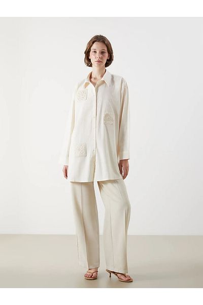LC Waikiki Lcw modest ecru embroidered Oversized women's shirt tunic