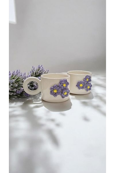 seda seramik Handmade Set of 2 Ceramic Splash Embossed Double Espresso Coffee Mug Cup Mug 200 ml