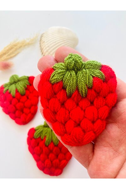 seyranat 3 Adet Kırmızı Örgü Çilek Motifi-Çapı 7 cm Giysi Süsleme, Takı, Toka İçin Çilek Motifi