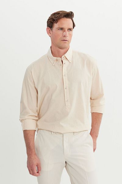 ALTINYILDIZ CLASSICS Men's Ecru Oversize Loose Cut Buttoned Collar 100% Cotton Shirt