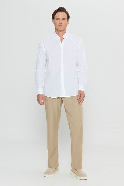 ALTINYILDIZ CLASSICS Men's White Cotton Linen Comfort Fit Relaxed Fit Button down Collar Dobby Shirt