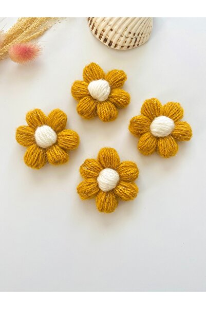 seyranat 4 Adet Simli Hardal Sarı Örgü Papatya Çiçek Motifi-Çapı 5 cm Giysi S...