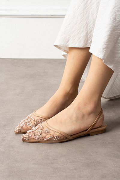 Mio Styllo Milany Mesh Embroidery and Bead Detailed Pointed Toe Luxury Women's Ballerinas