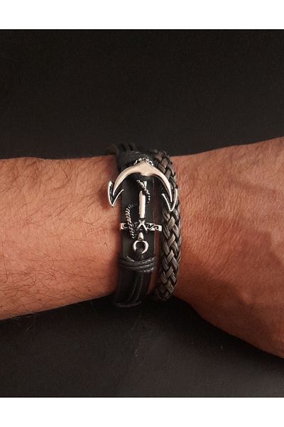 BSN Store 2-Piece Mariner's Anchor Premium Black/Gray Genuine Leather Bracelet