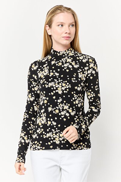 Scotch & Soda بلوزة نسائية مطبوعة بالكامل بأكمام طويلة وياقة عالية، متعددة ال...