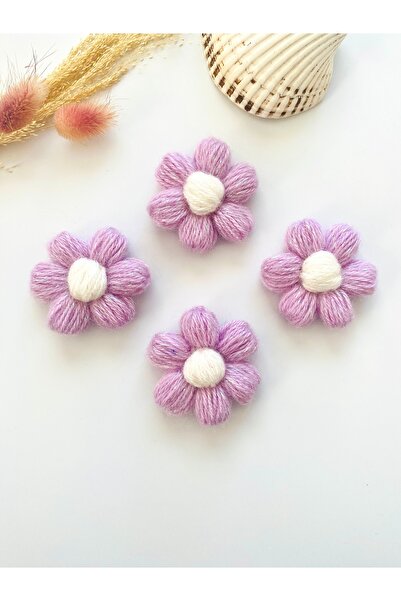 seyranat 4 Adet Simli Lila Rengi Örgü Papatya Çiçek Motifi-Çapı 5 cm Giysi Sü...